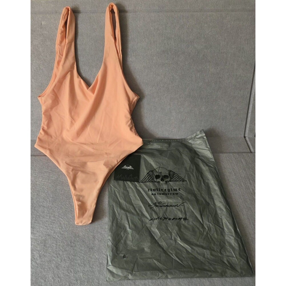 CIVIL REGIME Women's One Piece Swimsuit Size M Peach Coral Skull Wing NWT